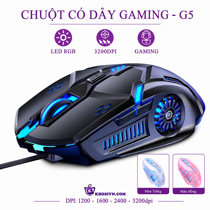 Chuột Gaming Có Dây LED RGB 3200DPI Chơi Game, Chuột Văn Phòng G5