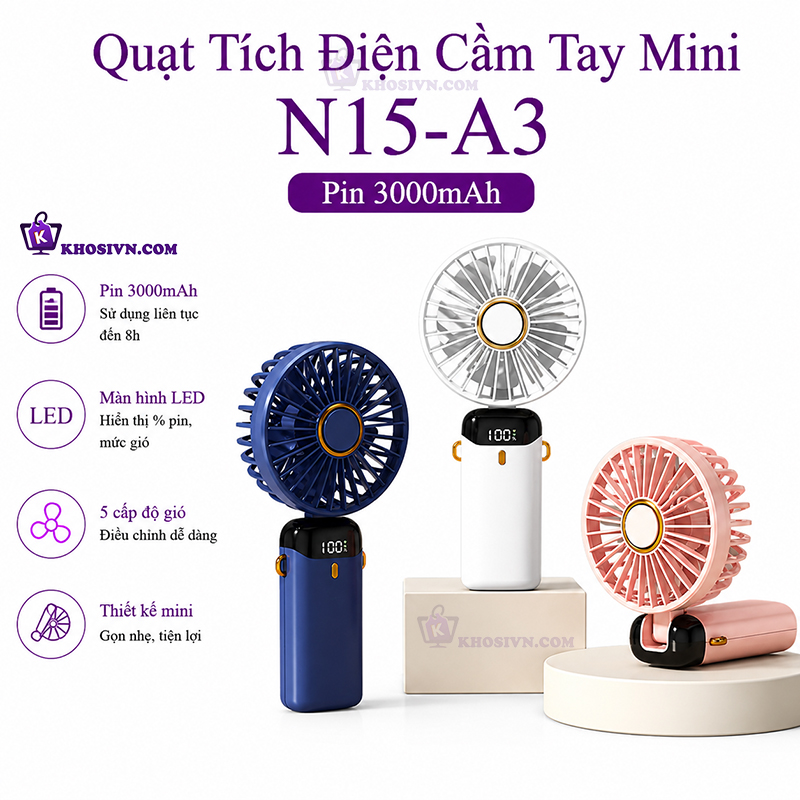 Quạt Cầm Tay Tích Điện Mini Pin Sạc 5 Cấp Độ Gió Pin Sạc 3000mAh Có Màn Hình LED N15-A3