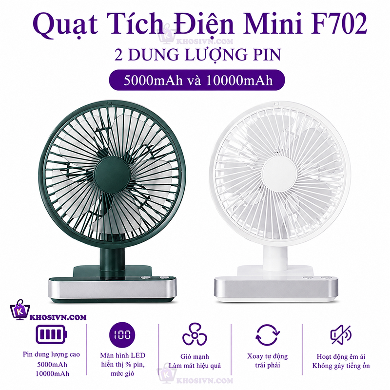 Quạt Để Bàn Văn Phòng Tích Điện To Tự Động Xoay Có Màn Hình LED Pin Trâu F702