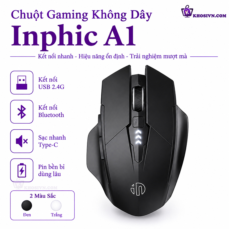 Chuột Gaming INPHIC Không Dây Kết Nối Bluetooth/USB 2.4G Có LED Hiển Thị Pin 2400 DPI Chuyên Game - Inphic A1