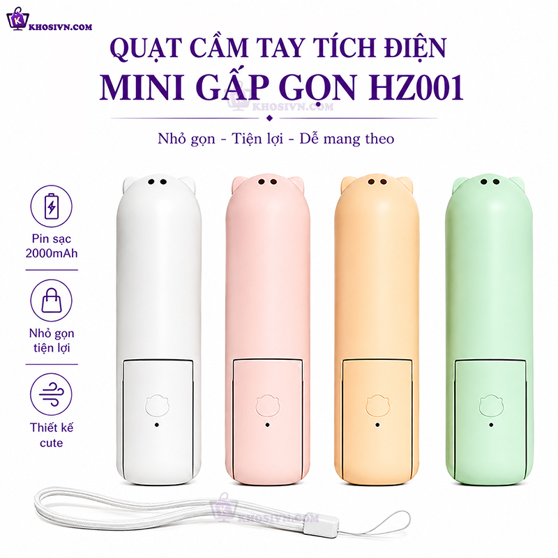 Quạt Cầm Tay Tích Điện Mini Gấp Gọn Cute Mang Đi Khắp Nơi Đầy Tiện Lợi Có Thể Tự Ngắt Khi Va Chạm HZ001