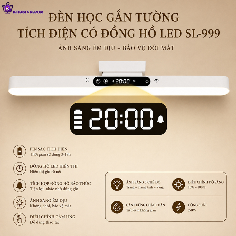 Đèn Học Tích Điện Gắn Tường Pin Sạc Đa Năng Tích Hợp Đồng Hồ Báo Thức LED 3 Màu Ánh Sáng Chống Cận SL-999