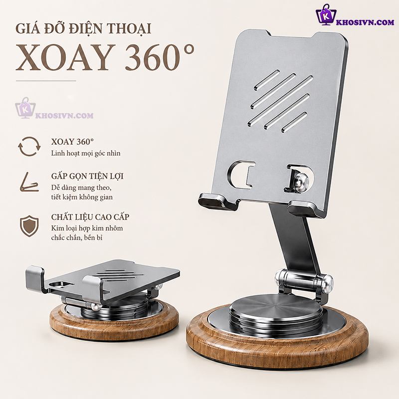Giá Đỡ Điện Thoại Gấn Gọn Để Bàn Hợp Kim Nhôm Xoay 360 Độ Bền Bỉ