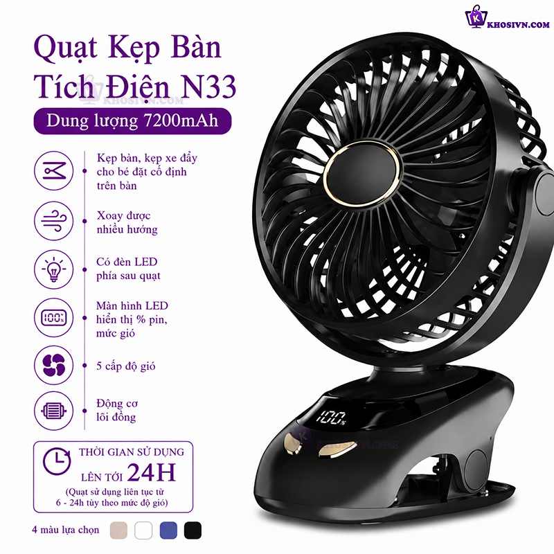 Quạt Kẹp Bàn Tích Điện Hiện Đại  Pin Trâu 7200mAh Có Màn Hình LED Và Đèn Pin 5 Cấp Độ Gió N33