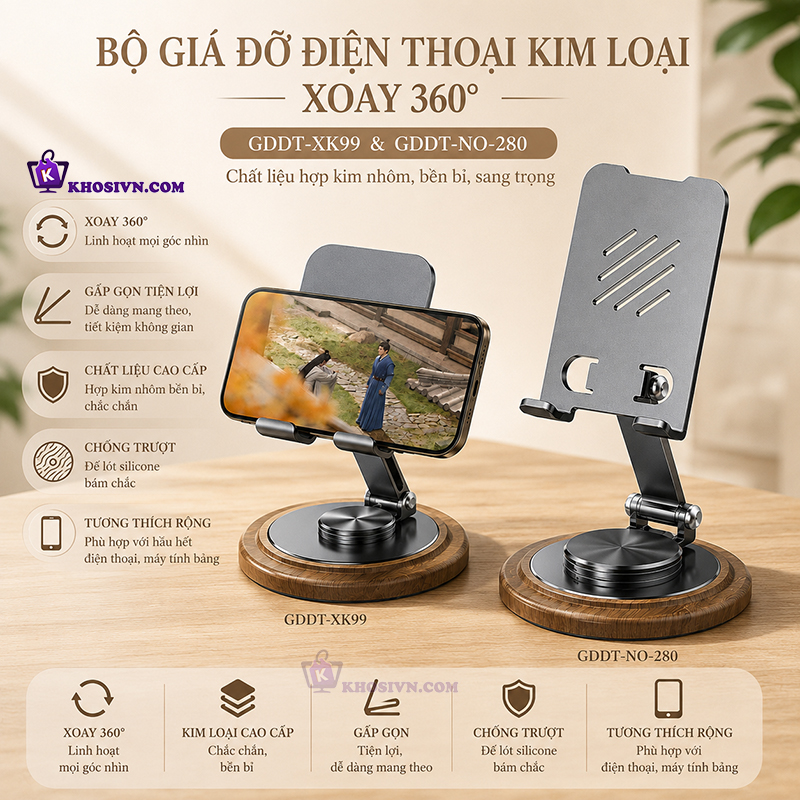 Giá Đỡ Điện Thoại Gấn Gọn Để Bàn Hợp Kim Nhôm Xoay 360 Độ Bền Bỉ