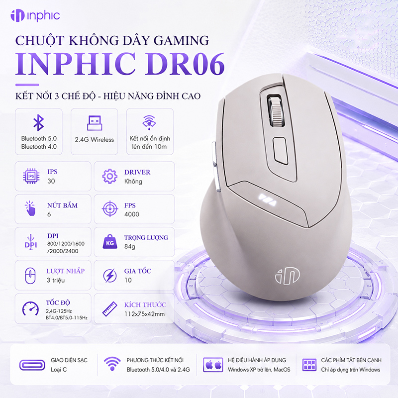 Chuột Gaming Không Dây Inphic 2.4G Bluetooth Công Thái Học Click Không Tiếng Ồn - Inphic DR6