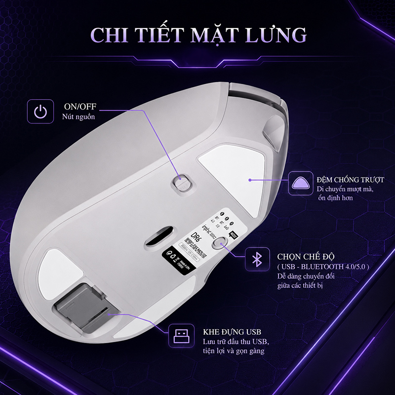 Chuột Gaming Không Dây Inphic 2.4G Bluetooth Công Thái Học Click Không Tiếng Ồn - Inphic DR6
