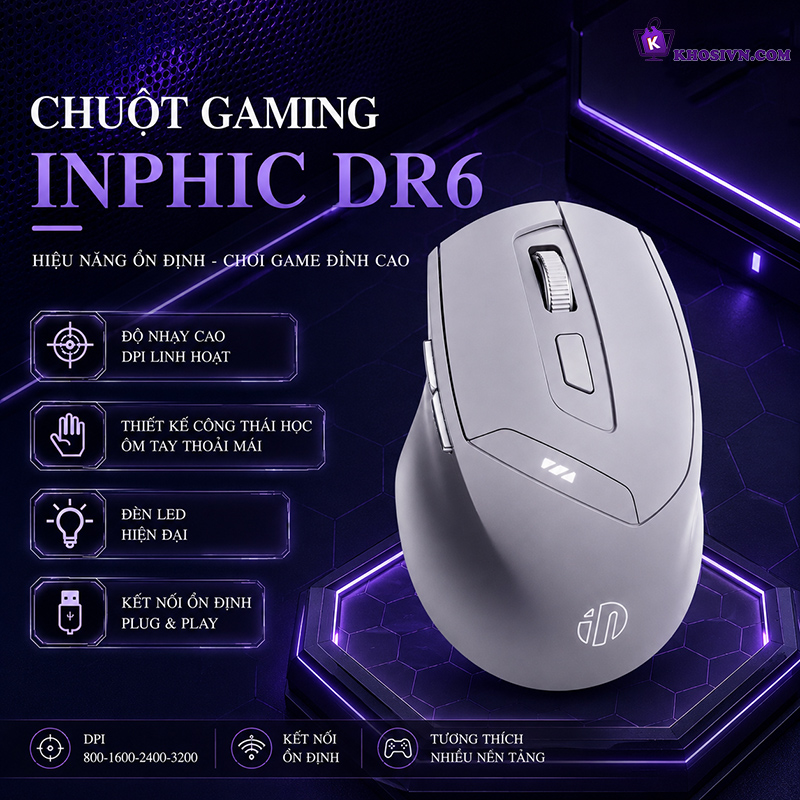 Chuột Gaming Không Dây Inphic 2.4G Bluetooth Công Thái Học Click Không Tiếng Ồn - Inphic DR6