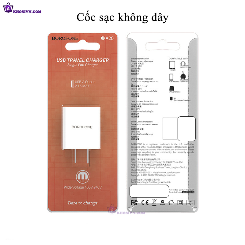 Phụ Kiện Sạc Cốc Sạc Điện Thoại Borofone BA20 5V 2.1A