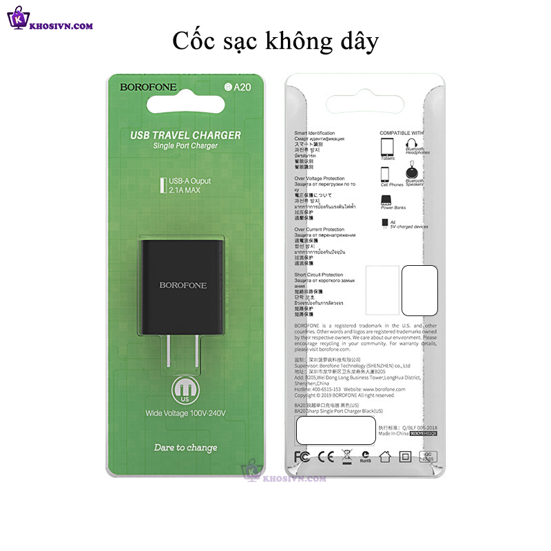 Phụ Kiện Sạc Cốc Sạc Điện Thoại Borofone BA20 5V 2.1A