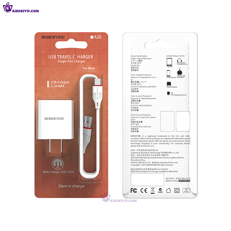 Phụ Kiện Sạc Cốc Sạc Điện Thoại Borofone BA20 5V 2.1A