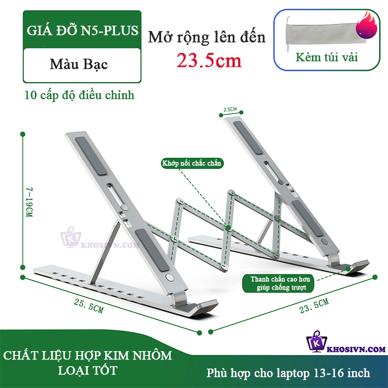Giá Đỡ Laptop, Giá Kê Laptop Máy Tính Gấp Gọn Chất Liệu Hợp Kim Nhôm Cao Cấp Điều Chỉnh Được Độ Cao - N5 Plus