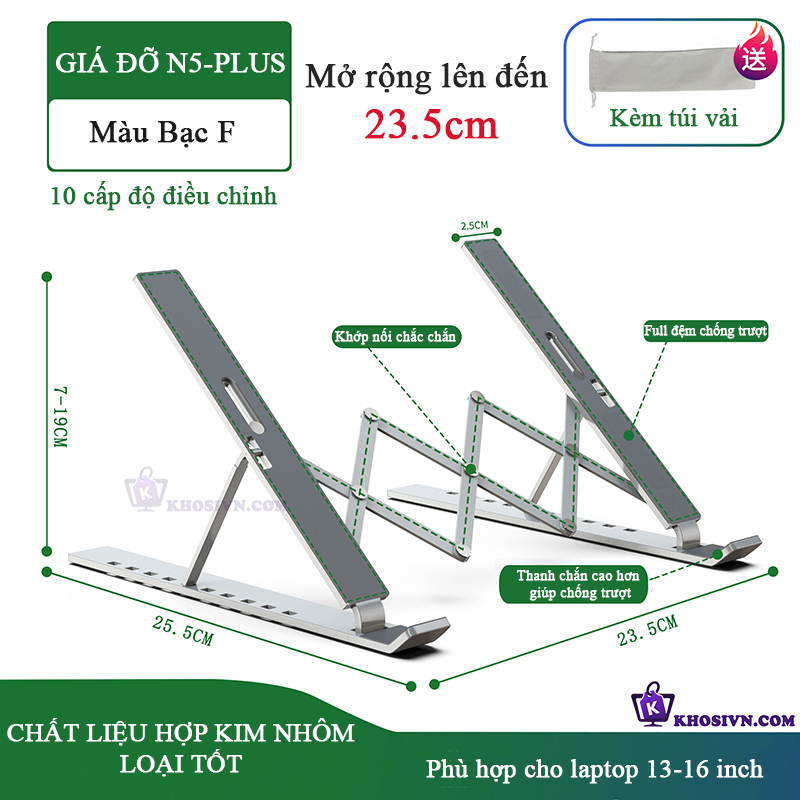 Giá Đỡ Laptop, Giá Kê Laptop Máy Tính Gấp Gọn Chất Liệu Hợp Kim Nhôm Cao Cấp Điều Chỉnh Được Độ Cao - N5 Plus