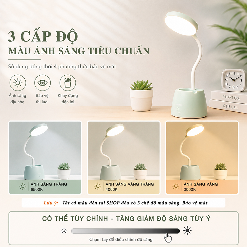 Đèn Học Tích Điện Để Bàn Sử Dụng LED Chống Cận 3 Màu Ánh Sáng Tích Hợp Ngăn Chứa Đồ SL-906
