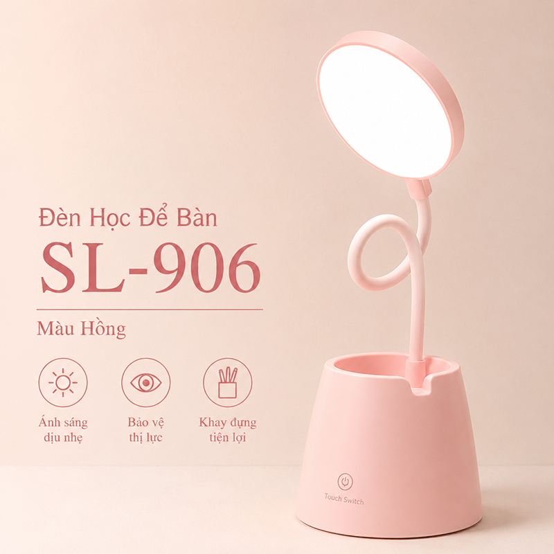 Đèn Học Tích Điện Để Bàn Sử Dụng LED Chống Cận 3 Màu Ánh Sáng Tích Hợp Ngăn Chứa Đồ SL-906