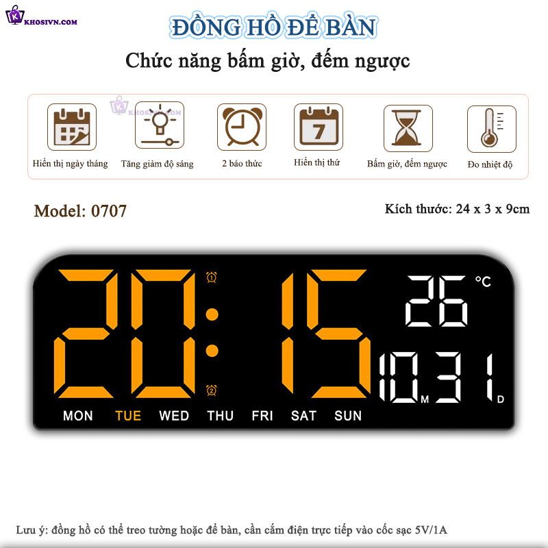 Đồng Hồ LED Điện Tử Để Bàn Gắn Tường Có Chức Năng Báo Thức, Đếm Ngược, Bấm Giờ, Đo Nhiệt Độ - 0707