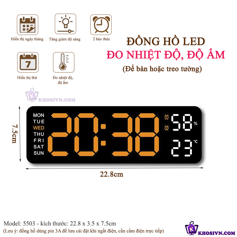 Đồng Hồ LED Để Bàn Decor, Đồng Hồ Báo Thức Để Bàn Hiển Thị Thời Gian Nhiệt Độ - 5503