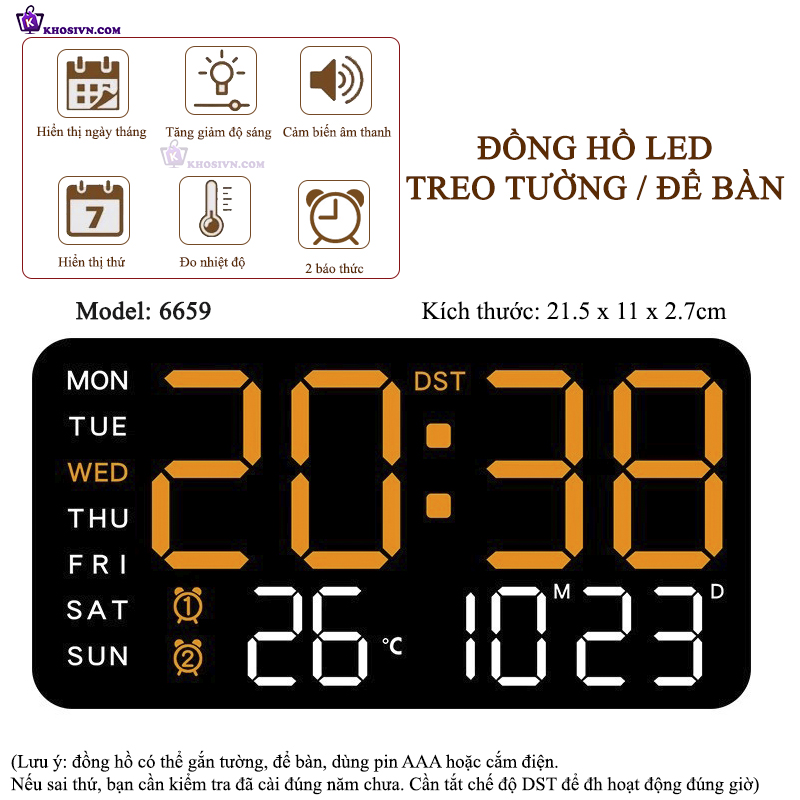 Đồng Hồ LED Digital Decor Để Bàn Báo Thức Hiển Thị Thời Gian Nhiệt Độ Chức Năng Đếm Ngược - 6659