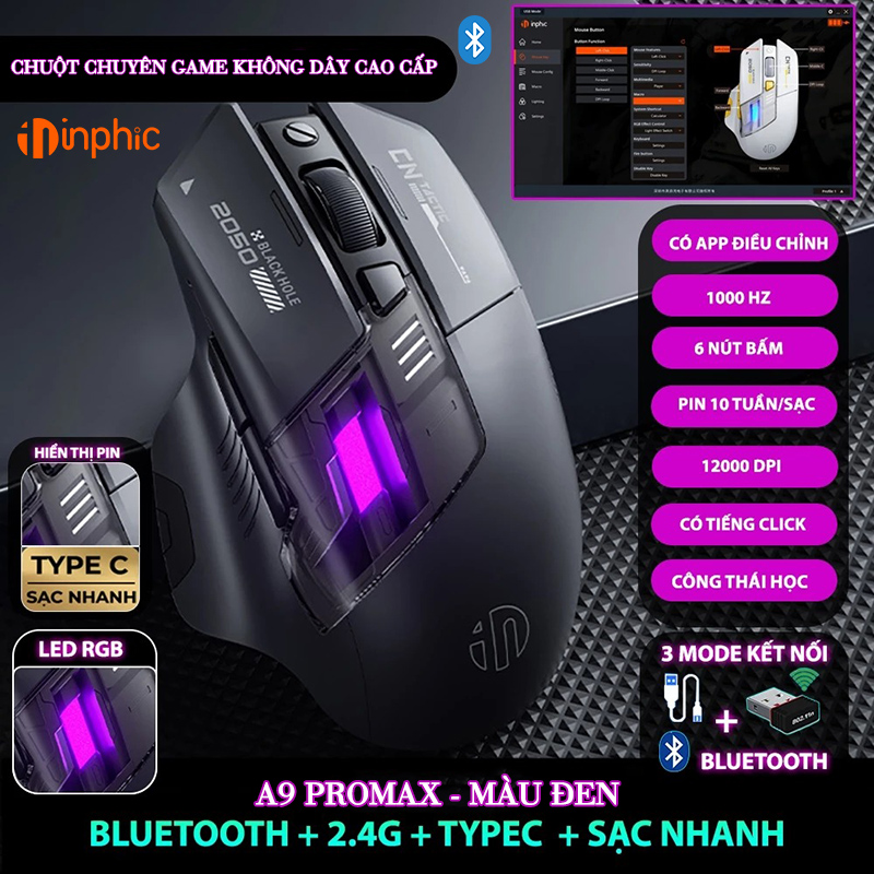 Chuột Gaming Inphic Không Dây 3 Kiểu Kết Nối Bluetooth 2.4G Hoặc Dây Tương Thích Mọi Game FPS 12000dpi - Inphic IN9