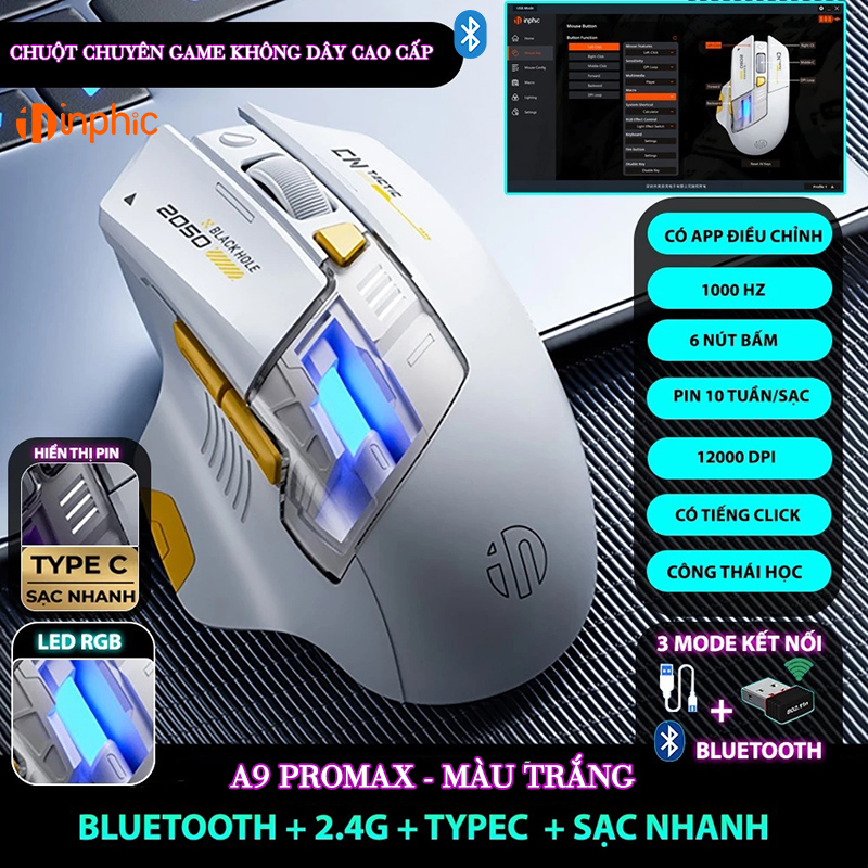 Chuột Gaming Inphic Không Dây 3 Kiểu Kết Nối Bluetooth 2.4G Hoặc Dây Tương Thích Mọi Game FPS 12000dpi - Inphic IN9