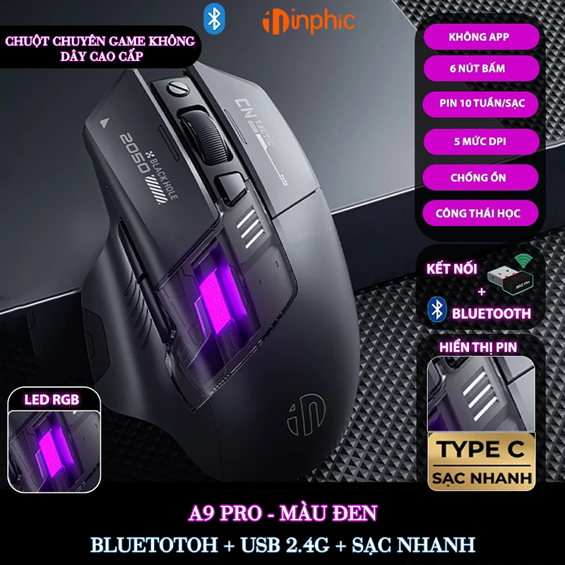 Chuột Gaming Inphic Không Dây 3 Kiểu Kết Nối Bluetooth 2.4G Hoặc Dây Tương Thích Mọi Game FPS 12000dpi - Inphic IN9