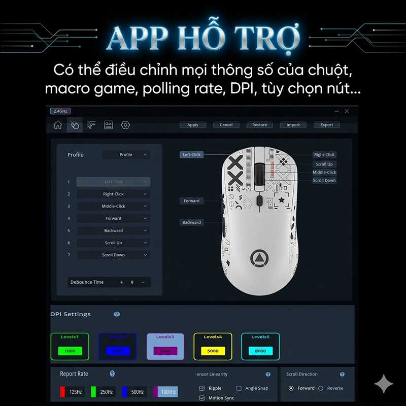 Chuột Gaming Không Dây Nhẹ 3 Mode Kết Nối Có App Điều Chỉnh - G18