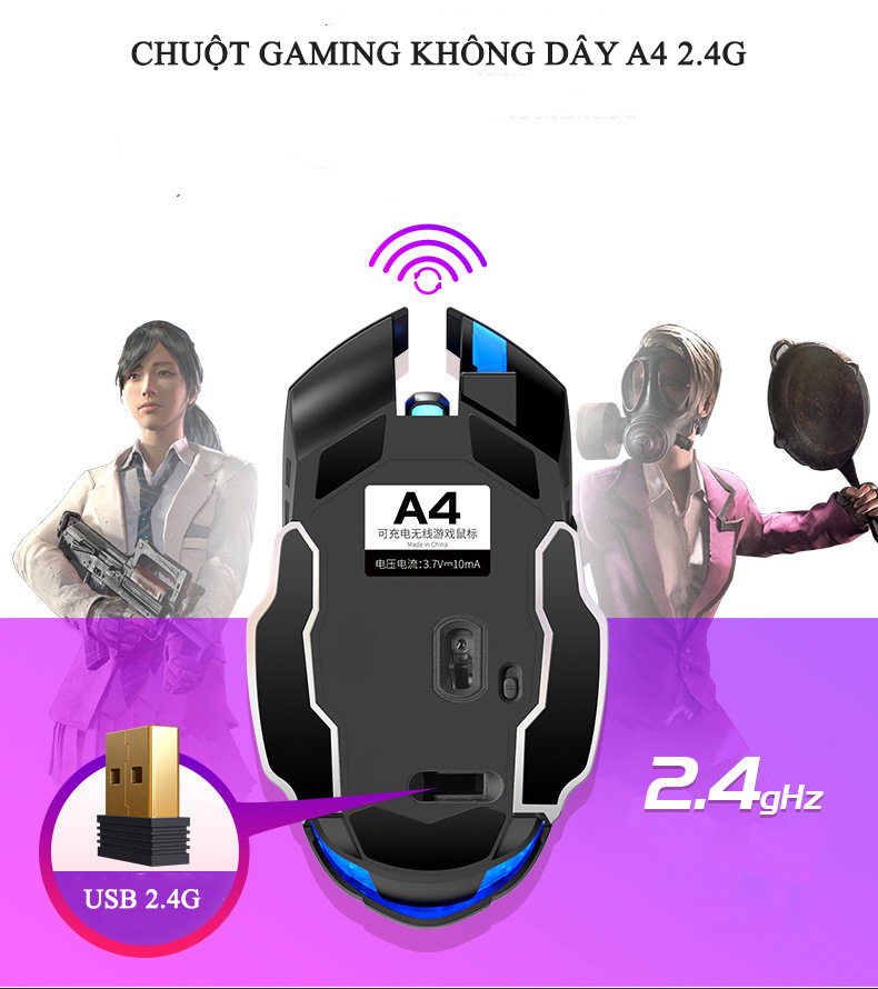 Chuột Gaming Không Dây Kết Nối 2.4G LED RGB 1600DPI Chơi Game, Chuột Văn Phòng A4