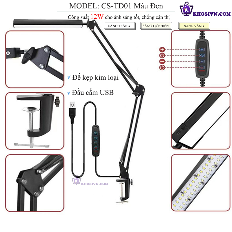 Đèn LED Kẹp Bàn 12W Cỡ Lớn 3 Màu Ánh Sáng LT-01