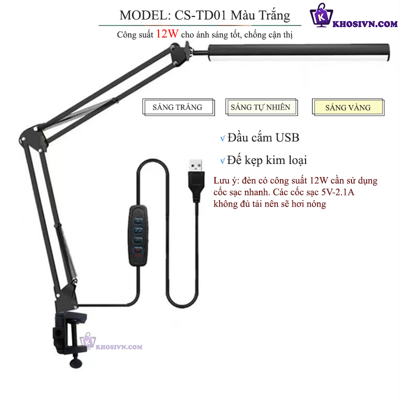 Đèn LED Kẹp Bàn 12W Cỡ Lớn 3 Màu Ánh Sáng LT-01
