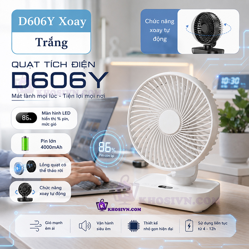 Quạt Để Bàn Văn Phòng Mini Tích Điện Pin Trâu Xoay Tự Động Có Màn Hình LED 4 Cấp Độ Gió - D606Y