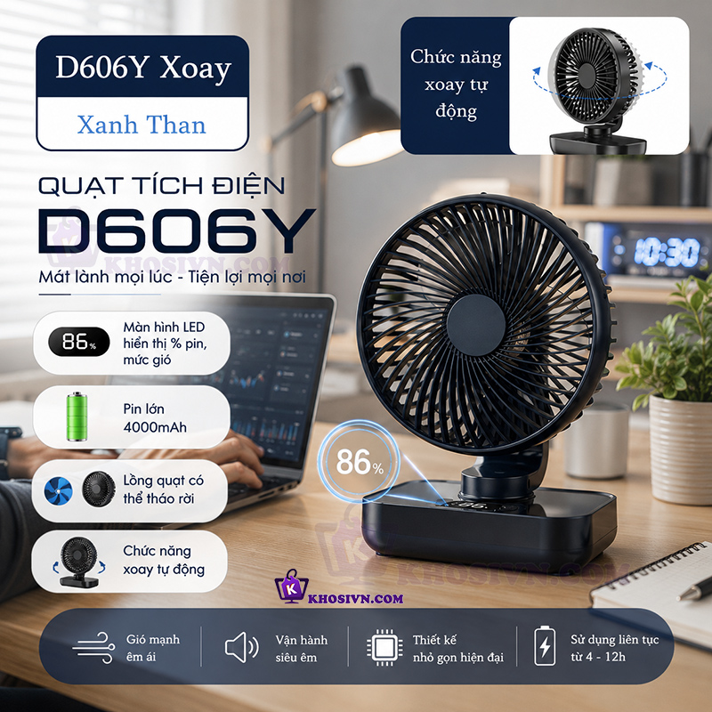Quạt Để Bàn Văn Phòng Mini Tích Điện Pin Trâu Xoay Tự Động Có Màn Hình LED 4 Cấp Độ Gió - D606Y
