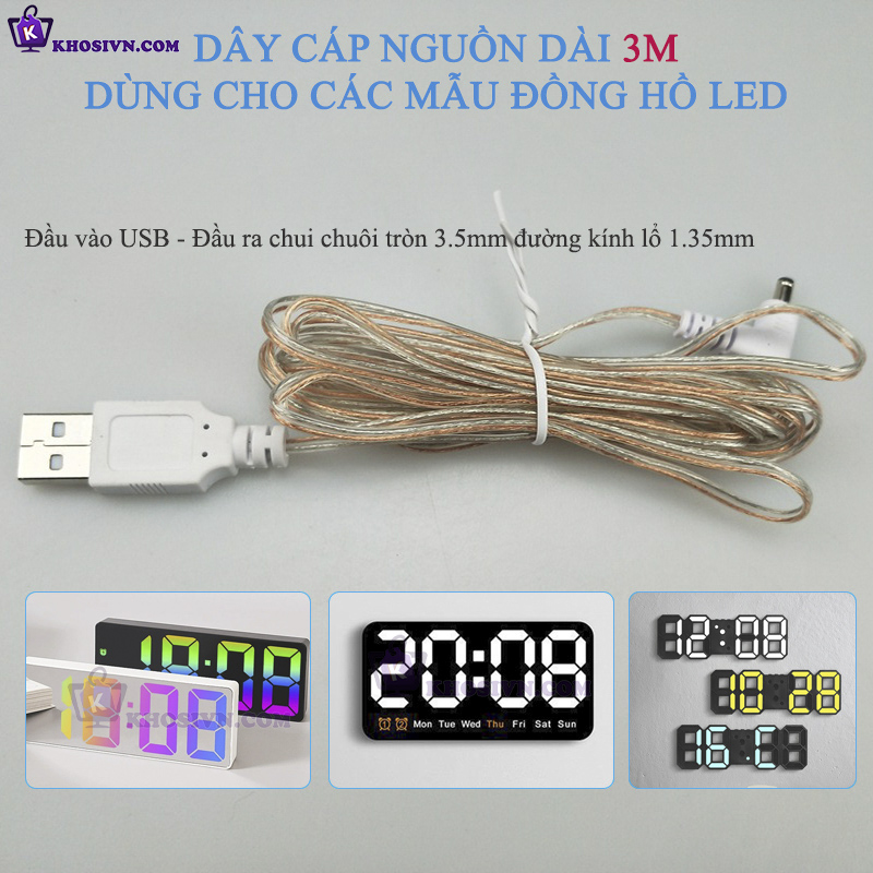Phụ Kiện Dây Cáp Nguồn Nối Dài Dùng Cho Đồng Hồ LED Dài 3m