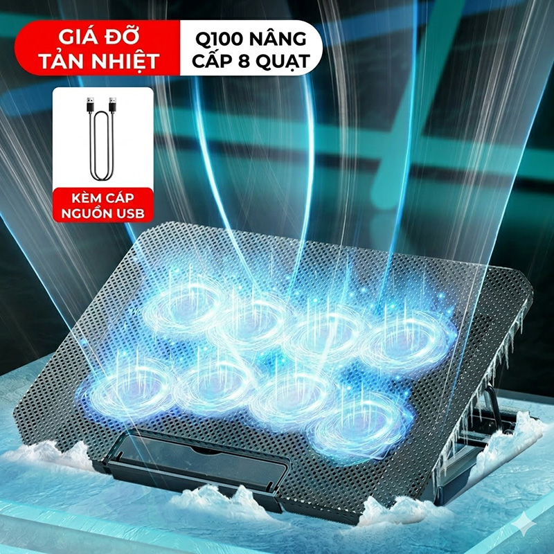 Đế Tản Nhiệt Cao Cấp  Laptop Loại 8 Quạt Tốc Độ Quay Cực Đại 2800 vòng / phút - Q100