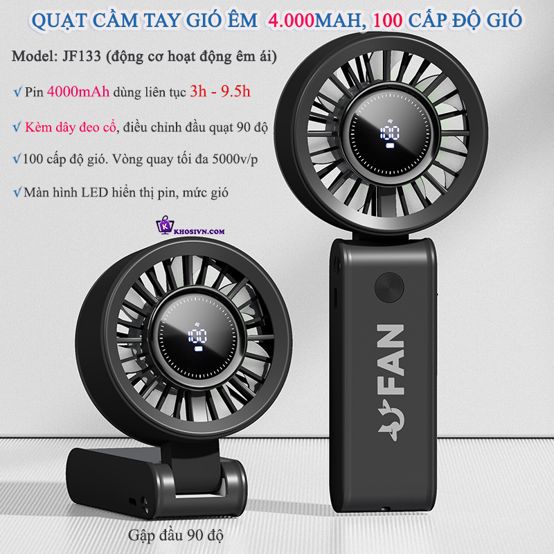 Địa Chỉ Mua Sỉ Quạt Cầm Tay Tích Điện Mini Gió Mạnh 100 Cấp Gập 90 Độ Kèm Dây Đeo Cổ JF133 Tại TPHCM
