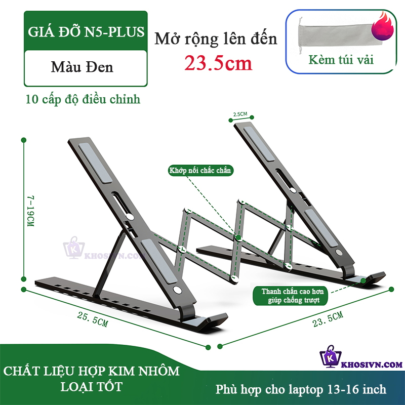 Giá Đỡ Laptop, Giá Kê Laptop Máy Tính Gấp Gọn Chất Liệu Hợp Kim Nhôm Cao Cấp Điều Chỉnh Được Độ Cao - N5 Plus