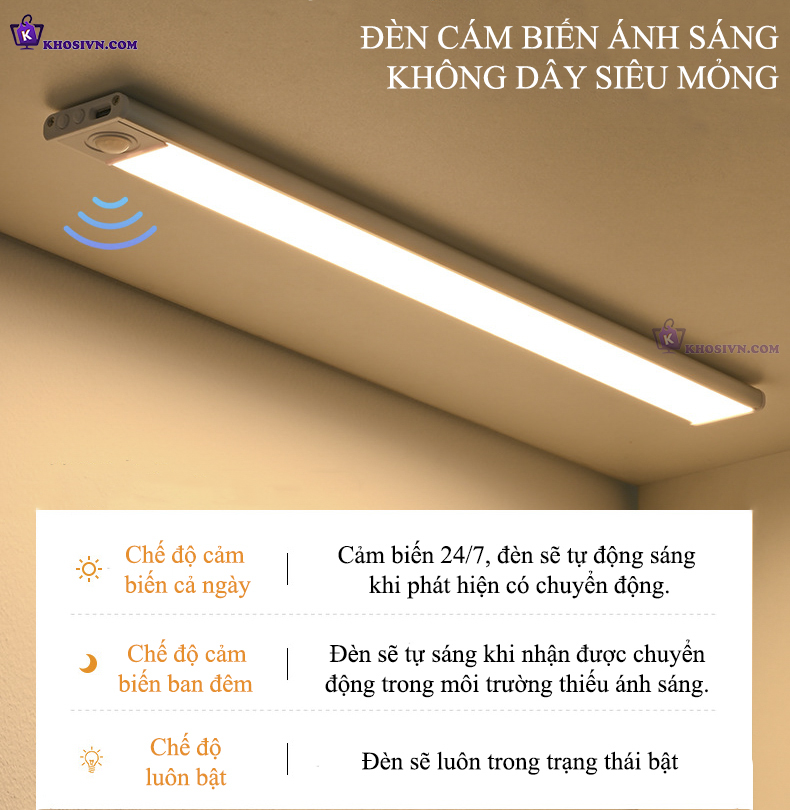 Đèn Cảm Biến Chuyển Động Khung Hợp Kim Nhôm 3 Màu Ánh Sáng Đèn Gắn Tủ Quần Áo, Tủ Trang Trí L1005