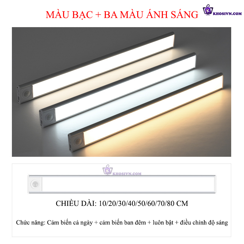 Đèn Cảm Biến Chuyển Động Khung Hợp Kim Nhôm 3 Màu Ánh Sáng Đèn Gắn Tủ Quần Áo, Tủ Trang Trí L1005