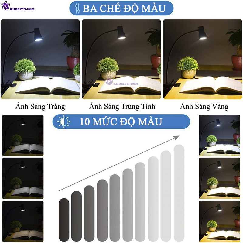 Đèn Học Đèn Đọc Sách Kẹp Bàn Đèn Kẹp 3 Màu Ánh Sáng FH-08