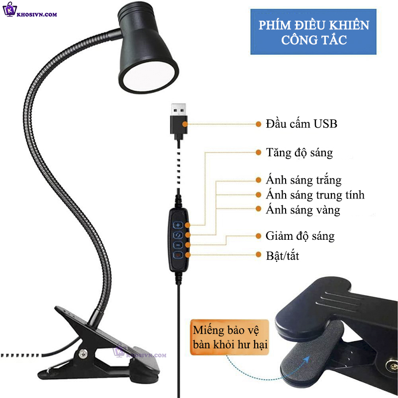 Đèn Học Đèn Đọc Sách Kẹp Bàn Đèn Kẹp 3 Màu Ánh Sáng FH-08