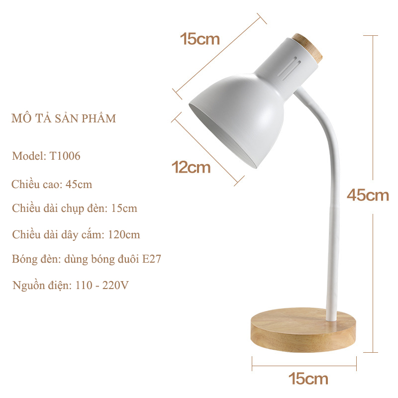 Đèn Học Cắm Điện Để Bàn Đế Gỗ Chống Cận Bảo Vệ Mắt Không Kèm Bóng D1006
