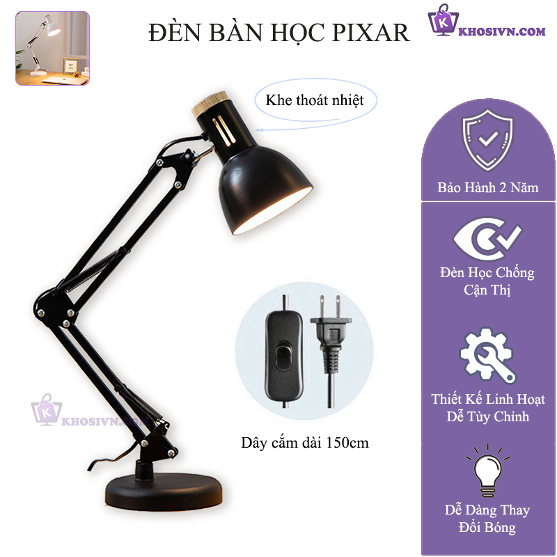 Đèn Pixar 118G Đèn Làm Việc Để Bàn Đèn Học Màu Đen Kèm Bóng Đèn LED 5W Ánh Sáng Trắng