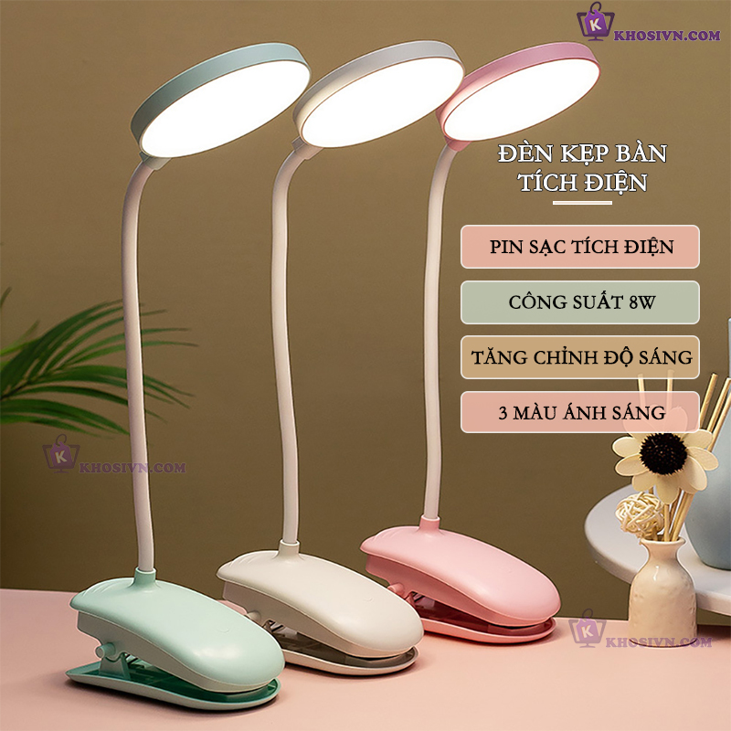 Đèn Kẹp Bàn Học Đèn Kẹp Đọc Sách Pin Sạc Tích Điện 3 Màu Ánh Sáng
