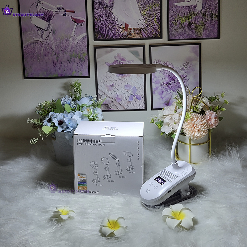 Đèn Tích Điện Kẹp Bàn Pin Sạc 2000mAh 3 Màu Ánh Sáng Tích Hợp Đồng Hồ SL-972