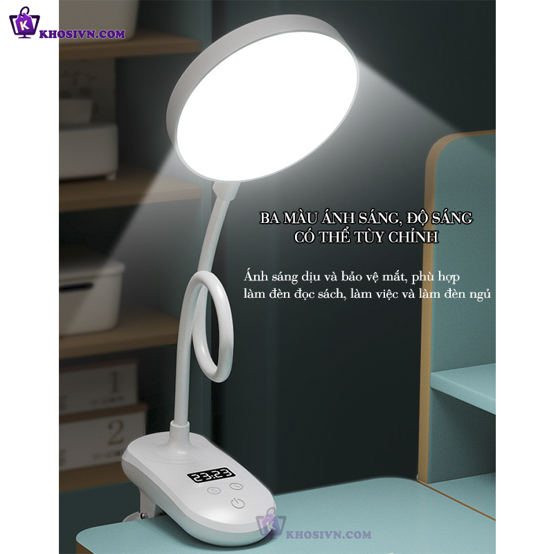Đèn Tích Điện Kẹp Bàn Pin Sạc 2000mAh 3 Màu Ánh Sáng Tích Hợp Đồng Hồ SL-972