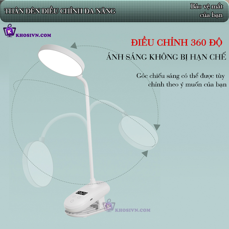 Đèn Tích Điện Kẹp Bàn Pin Sạc 2000mAh 3 Màu Ánh Sáng Tích Hợp Đồng Hồ SL-972