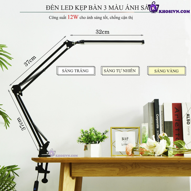 Đèn LED Kẹp Bàn 12W Cỡ Lớn 3 Màu Ánh Sáng LT-01