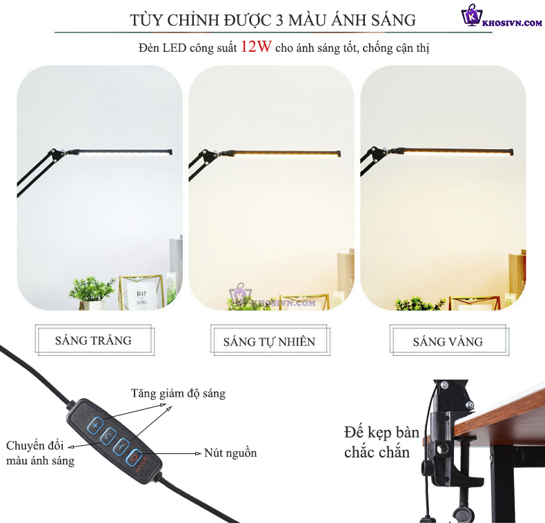 Đèn LED Kẹp Bàn 12W Cỡ Lớn 3 Màu Ánh Sáng LT-01