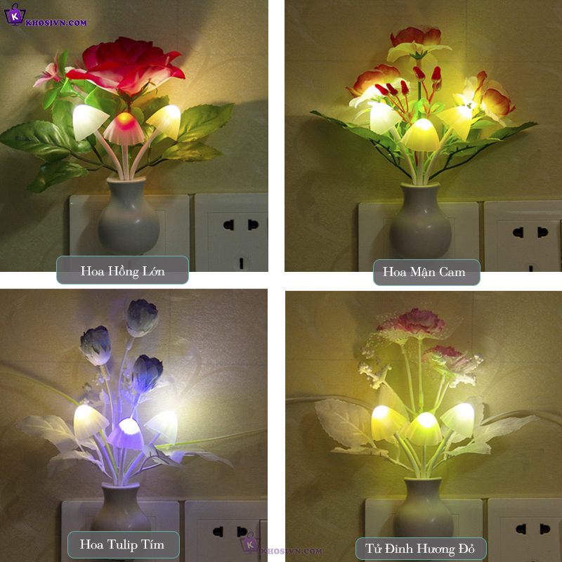 Đèn Ngủ Cảm Biến Ánh Sáng Hình Hoa Gắn Tường Tự Động Sáng Tắt Đèn LED RGB Tự Thay Đổi Độ Sáng