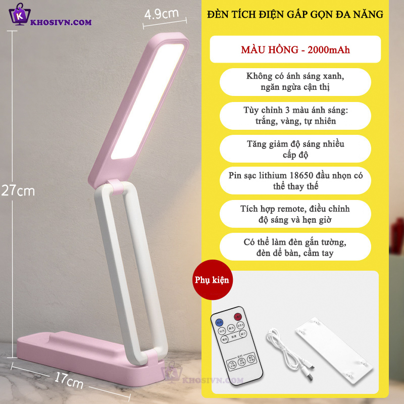 Đèn Học Sạc Pin Tích Điện, Đèn Học Để Bàn Gấp Gọn Đèn Gắn Tường Đọc Sách Đa Năng 3 Màu Ánh Sáng
