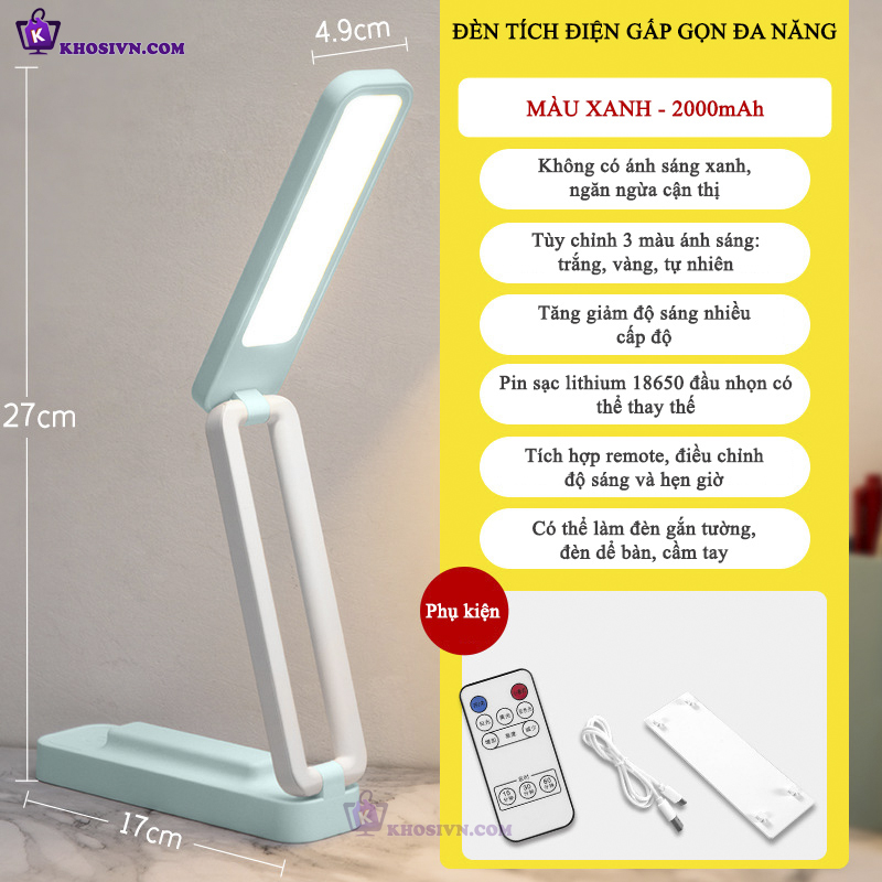 Đèn Học Sạc Pin Tích Điện, Đèn Học Để Bàn Gấp Gọn Đèn Gắn Tường Đọc Sách Đa Năng 3 Màu Ánh Sáng